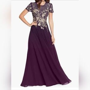 Betsy & Adam Long Embroidered Short Sleeve Chiffon Gown Size 6
